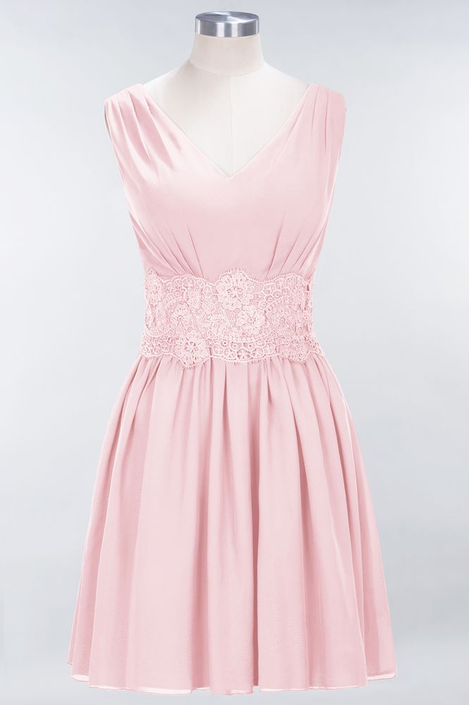 Minivestido de dama de honor de encaje con escote en V y sin mangas, corte A, de gasa, para regreso a casa