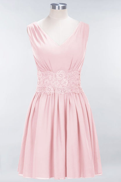 Lace V-Neck Sleeveless Mini Bridesmaid Dresses A-line Chiffon Homecoming Dress