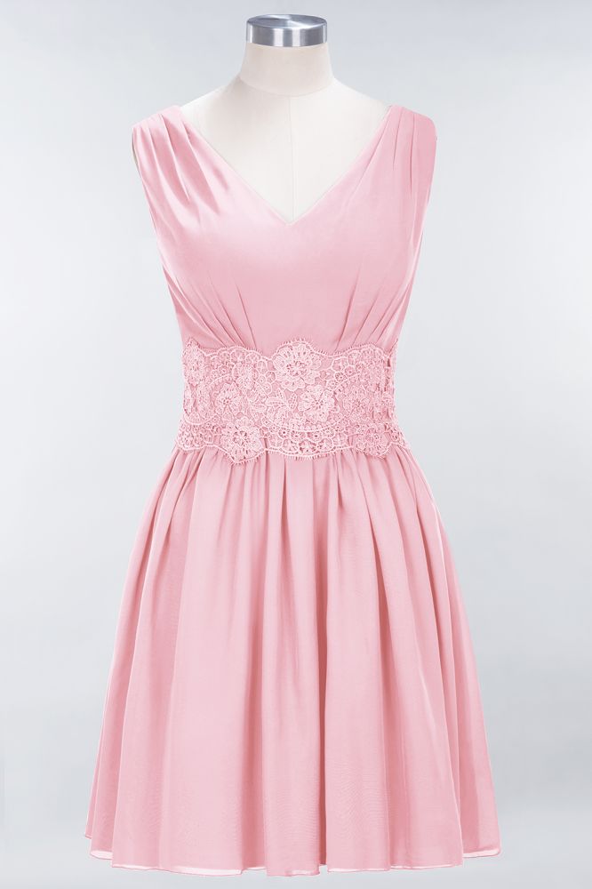 Minivestido de dama de honor de encaje con escote en V y sin mangas, corte A, de gasa, para regreso a casa