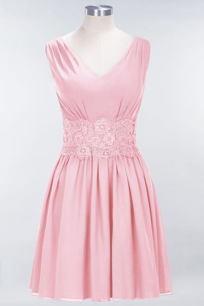 Lace V-Neck Sleeveless Mini Bridesmaid Dresses A-line Chiffon Homecoming Dress