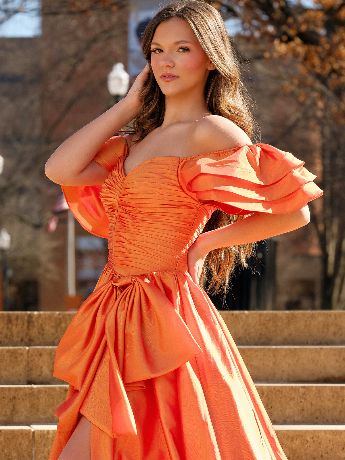 Lael | Orange Sweetheart Pleated A-Line Prom Dress With Bow
