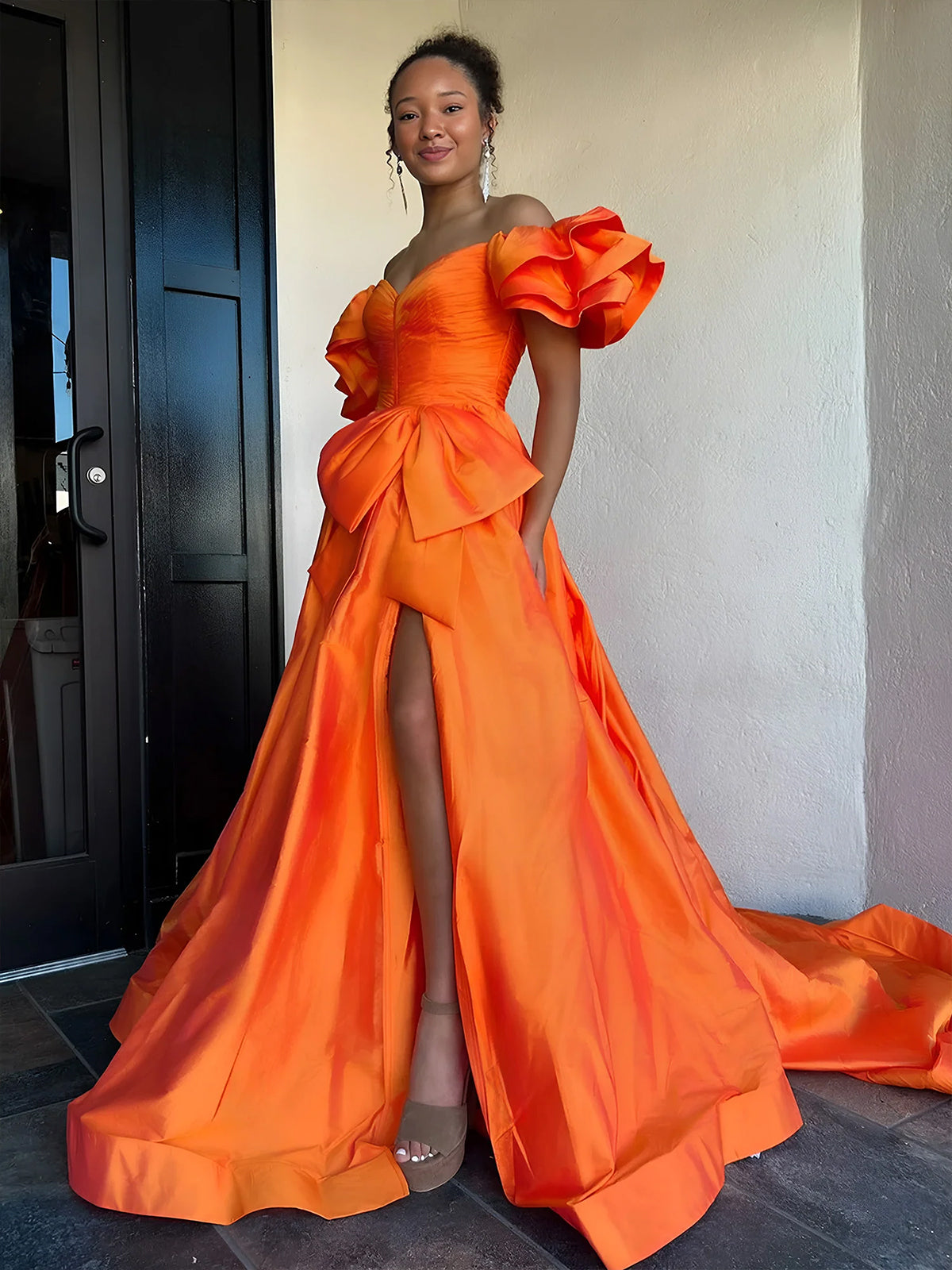 Lael | Orange Sweetheart Pleated A-Line Prom Dress With Bow
