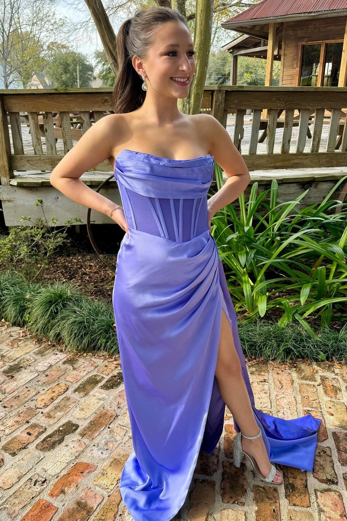 Laken | Periwinkle Strapless Pleated Formal Dress with Attached Train