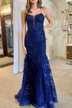 Lance | Vestido formal largo de sirena con tirantes finos, encaje y lentejuelas azules