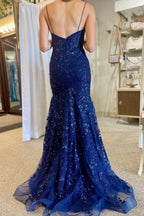 Lance | Vestido formal largo de sirena con tirantes finos, encaje y lentejuelas azules