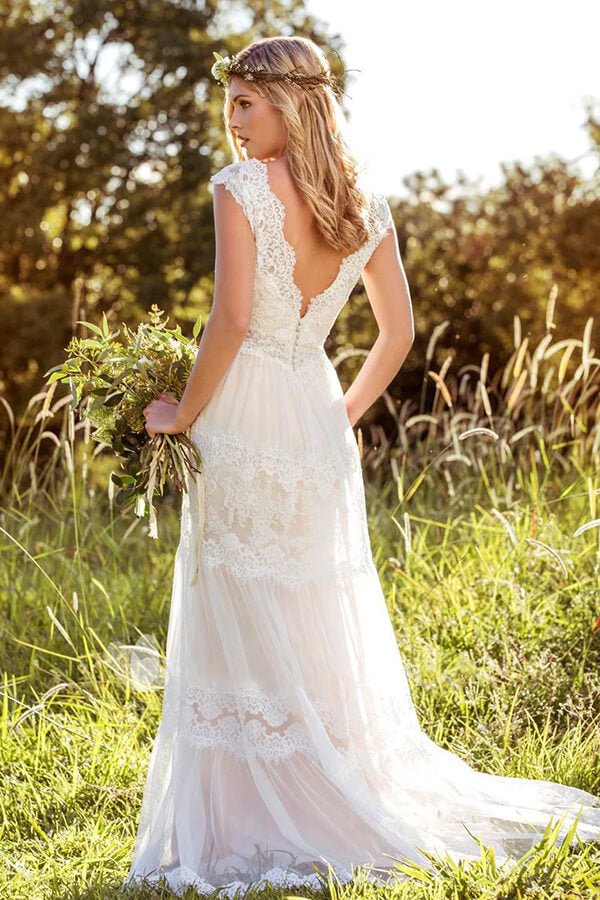 Vestido de novia largo de tul con encaje y corte en A, corte imperio y escote corazón