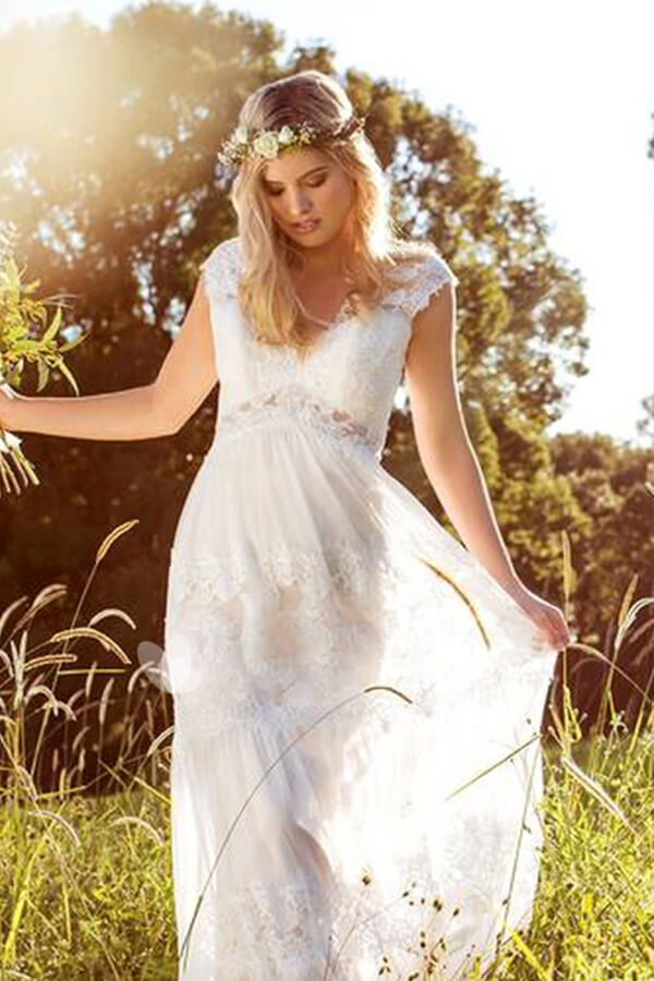 Vestido de novia largo de tul con encaje y corte en A, corte imperio y escote corazón