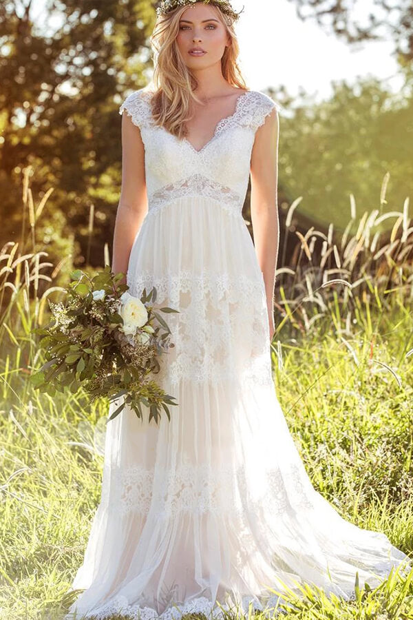 Vestido de novia largo de tul con encaje y corte en A, corte imperio y escote corazón
