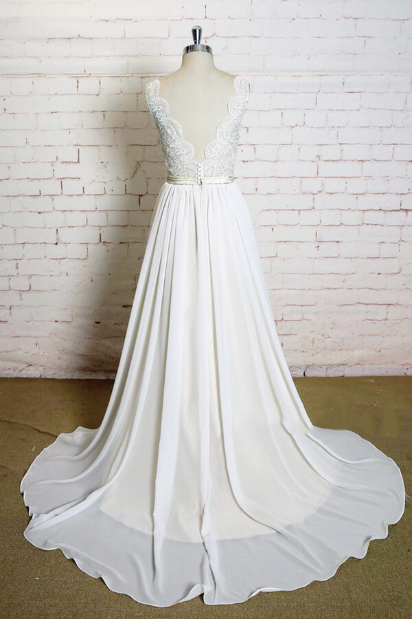 Vestido de novia largo de gasa con escote en V y encaje
