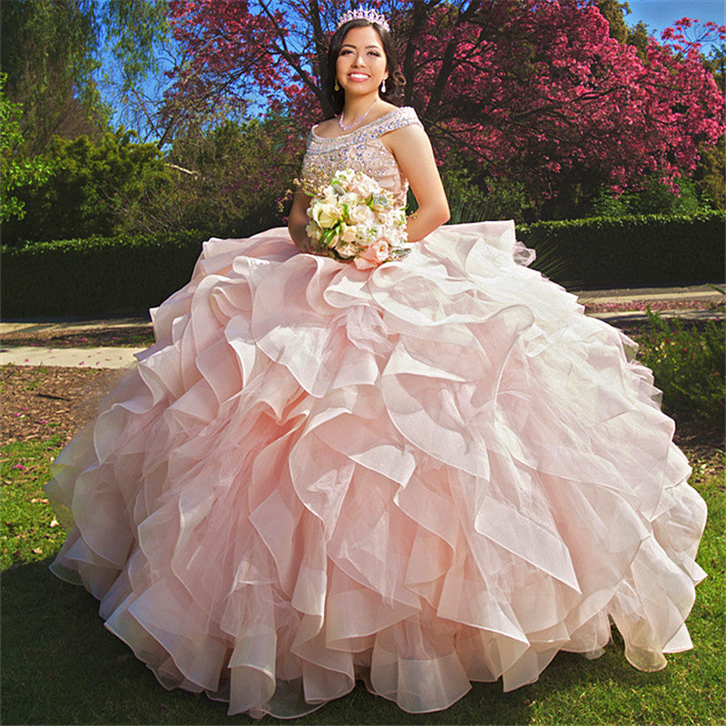 Neuestes langes Ballkleid Bateau-Organza Quinceanera-Kleid