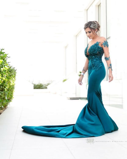Latest Long Mermaid Jewel Satin Prom Dress with Sleeves
