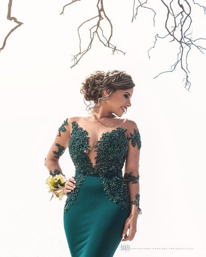 Latest Long Mermaid Jewel Satin Prom Dress with Sleeves