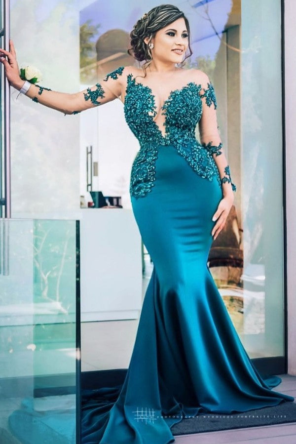 Neuestes langes Meerjungfrau-Juwelen-Satin-Ballkleid mit Ärmeln