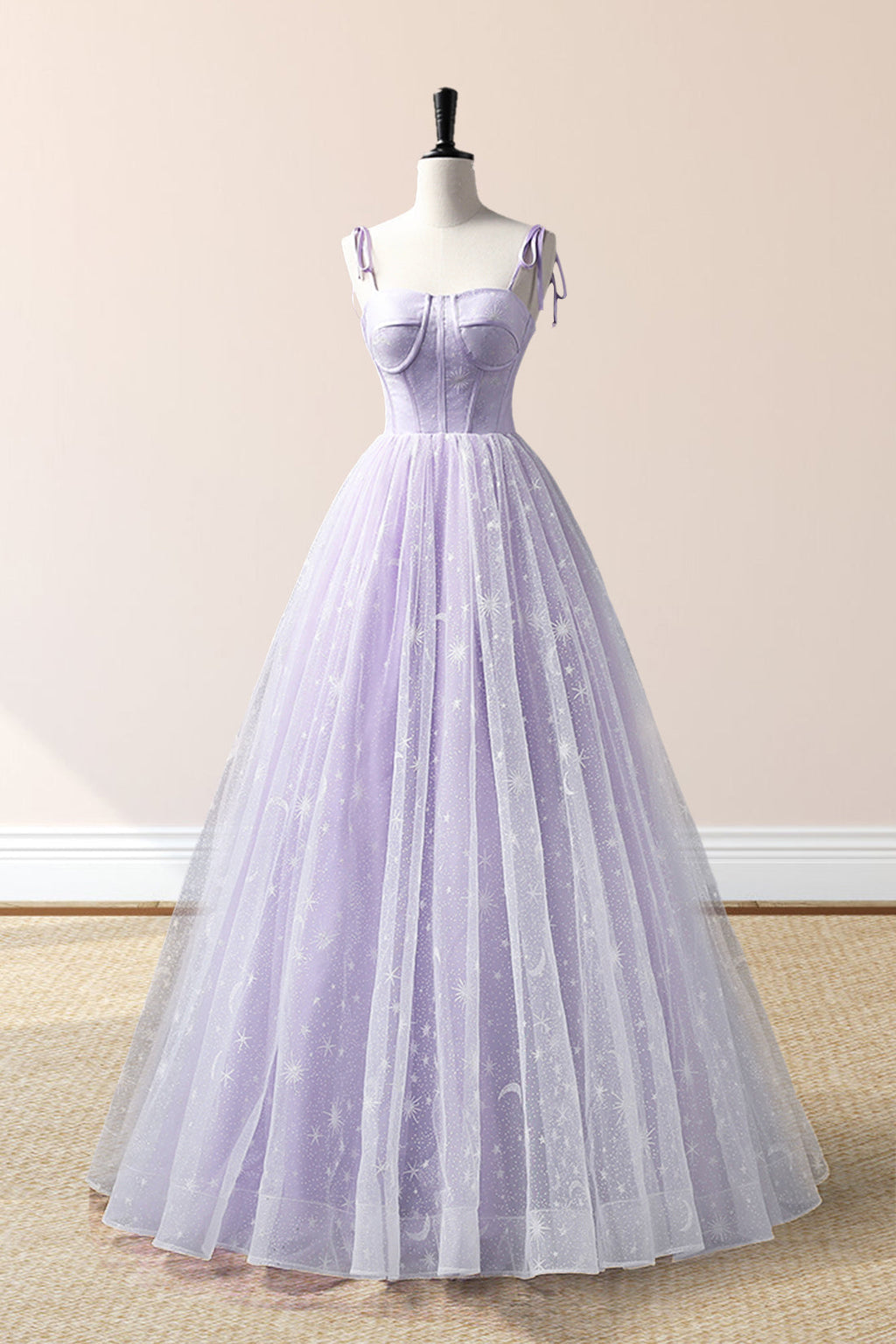 Janelle | Lavendelfarbenes bodenlanges Abendkleid mit Tüllträgern, lavendelfarbenes A-Linien-Ballkleid