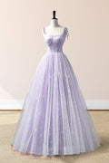 Janelle | Lavendelfarbenes bodenlanges Abendkleid mit Tüllträgern, lavendelfarbenes A-Linien-Ballkleid