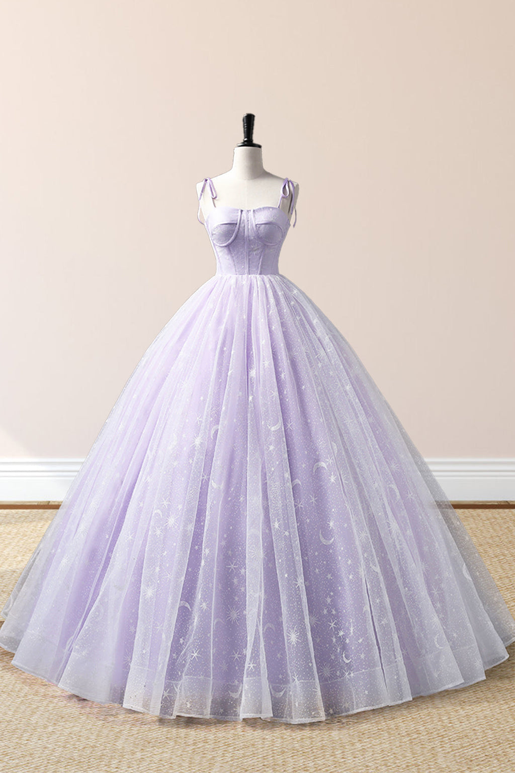 Janelle | Lavendelfarbenes bodenlanges Abendkleid mit Tüllträgern, lavendelfarbenes A-Linien-Ballkleid