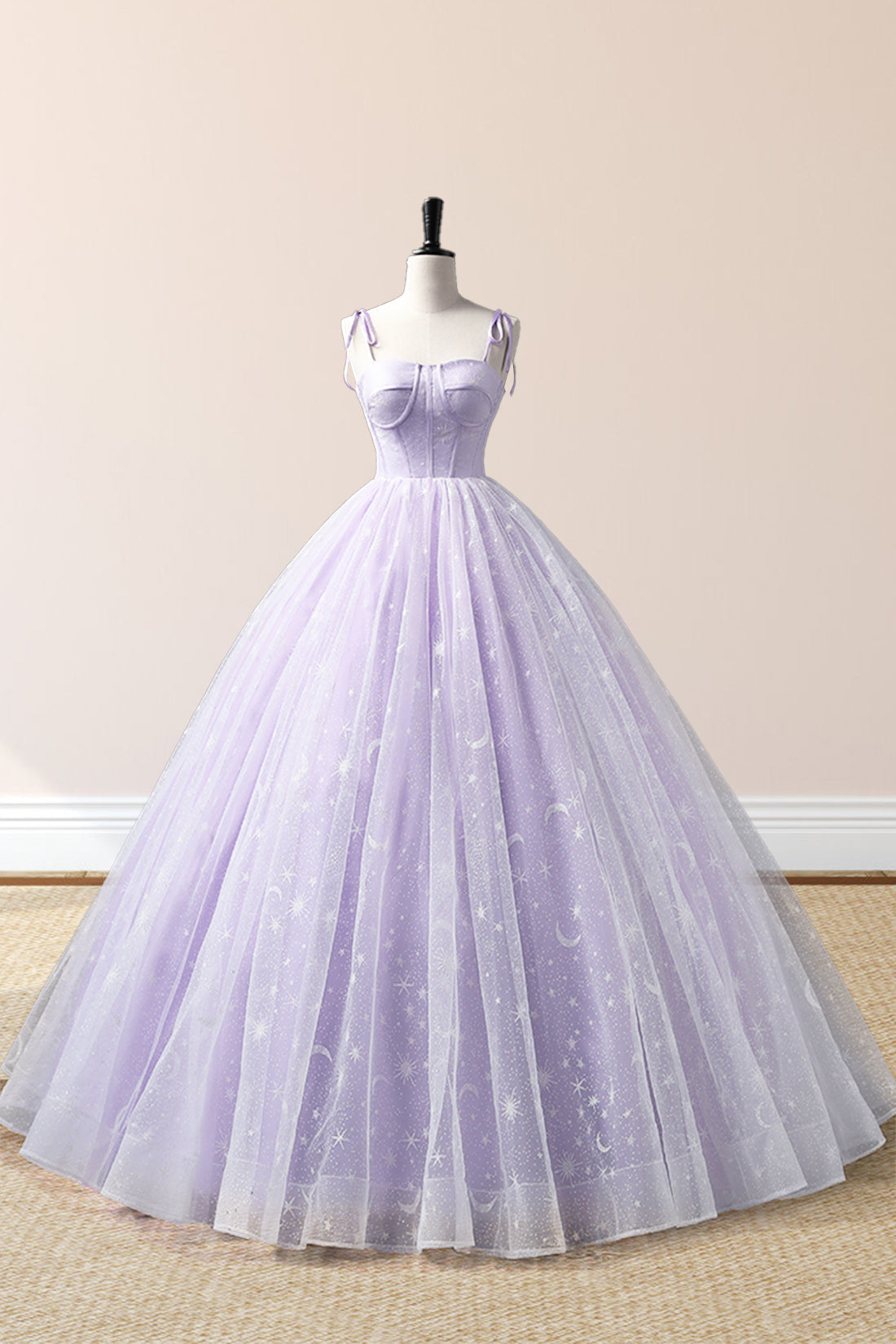 Janelle | Lavendelfarbenes bodenlanges Abendkleid mit Tüllträgern, lavendelfarbenes A-Linien-Ballkleid