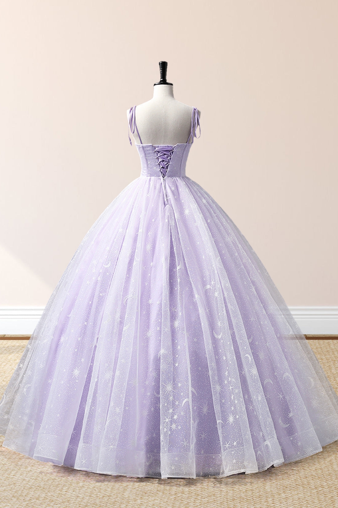 Janelle | Lavendelfarbenes bodenlanges Abendkleid mit Tüllträgern, lavendelfarbenes A-Linien-Ballkleid