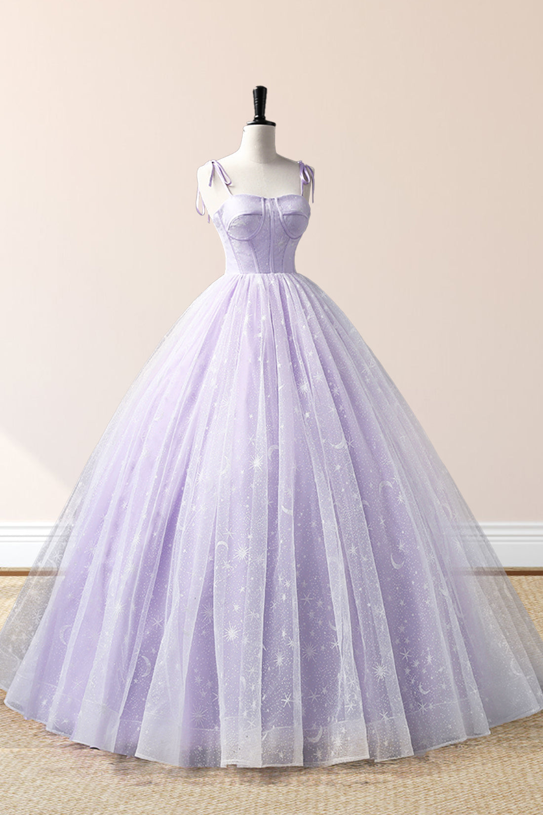 Janelle | Lavendelfarbenes bodenlanges Abendkleid mit Tüllträgern, lavendelfarbenes A-Linien-Ballkleid
