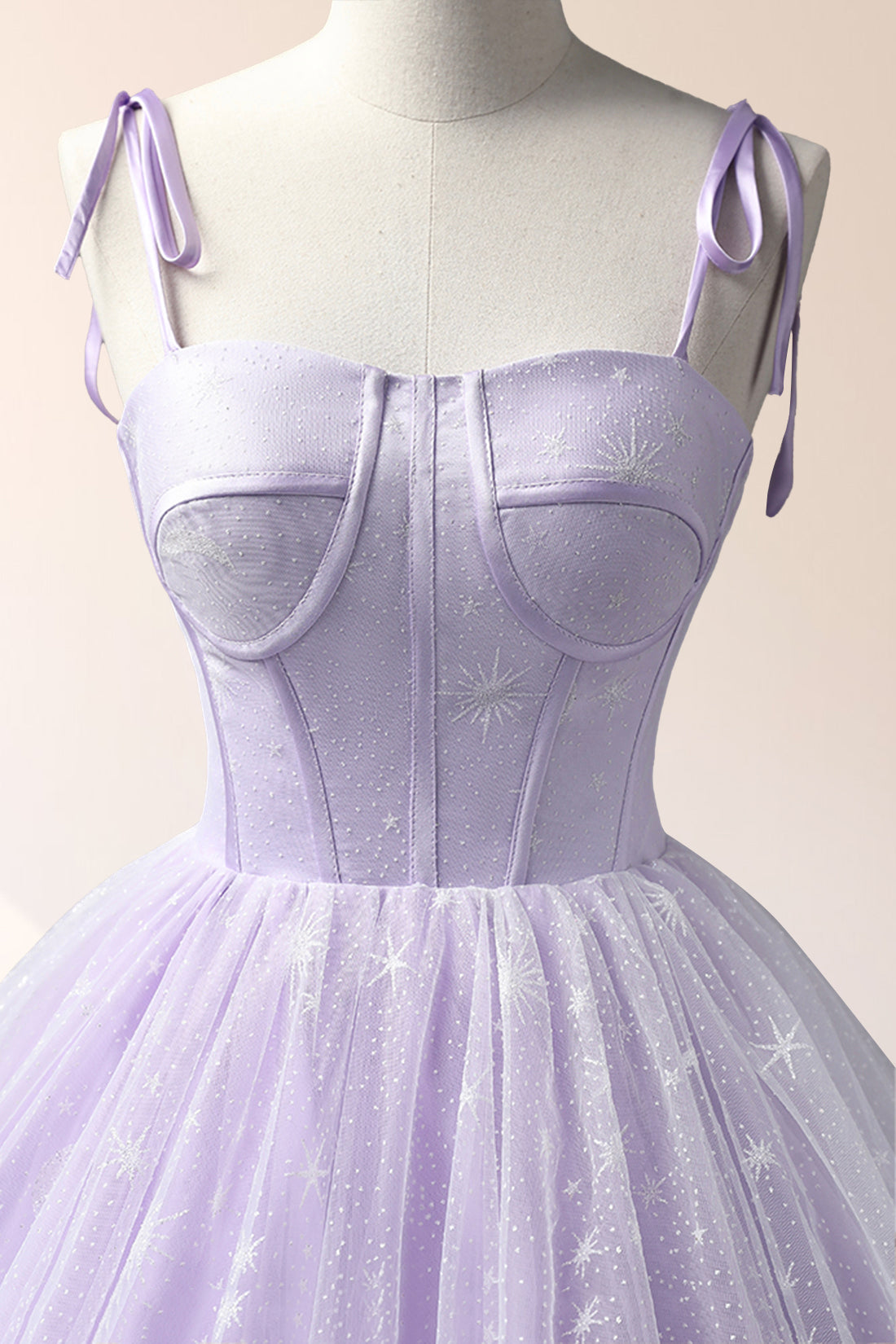 Janelle | Lavendelfarbenes bodenlanges Abendkleid mit Tüllträgern, lavendelfarbenes A-Linien-Ballkleid