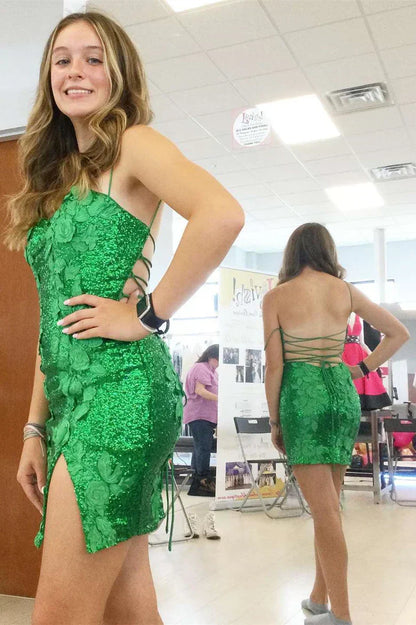 Emilia | Vestido de fiesta con lentejuelas, espalda abierta y flores 3D