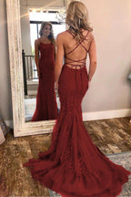 Light Blue Long Lace Open Back Mermaid Prom Dress