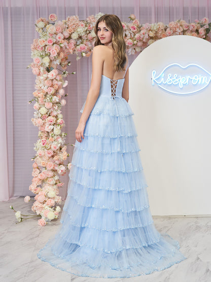Braelyn | Hellblaues trägerloses Ballkleid aus mehrlagigem Tüll mit Pailletten