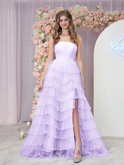 Braelyn | Hellblaues trägerloses Ballkleid aus mehrlagigem Tüll mit Pailletten