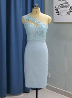 Vestido de fiesta azul cielo claro, corto, hasta la rodilla, con un solo hombro, PD276
