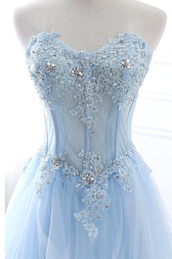 Light Blue Beaded Long Prom Dress