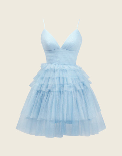 A-Line Deep V Neck Tiered Homecoming Dress