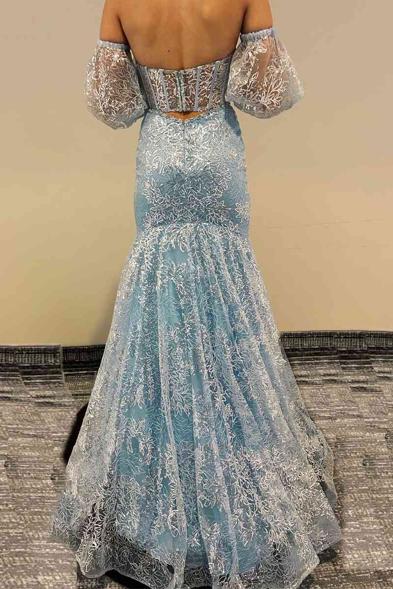 Vestido de fiesta de sirena con corsé de encaje transparente y escote corazón color melocotón