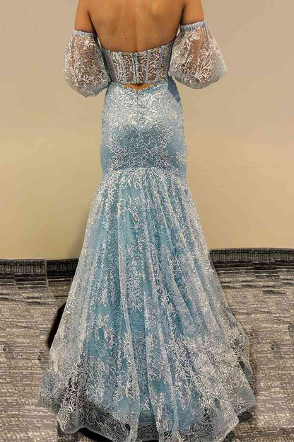 Vestido de fiesta de sirena con corsé de encaje transparente y escote corazón color melocotón