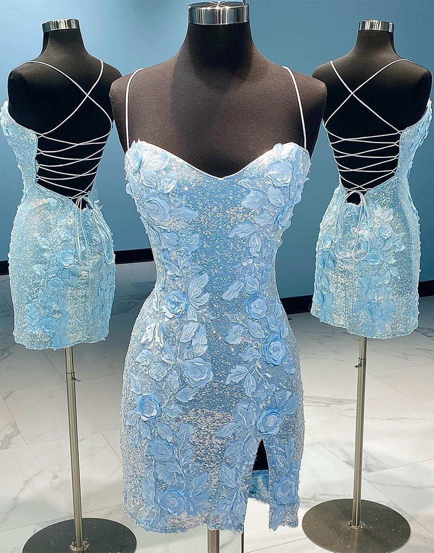 Emilia | Vestido de fiesta con lentejuelas, espalda abierta y flores 3D