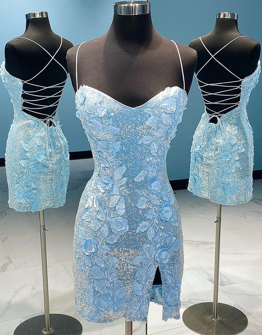 Emilia | Vestido de fiesta con lentejuelas, espalda abierta y flores 3D