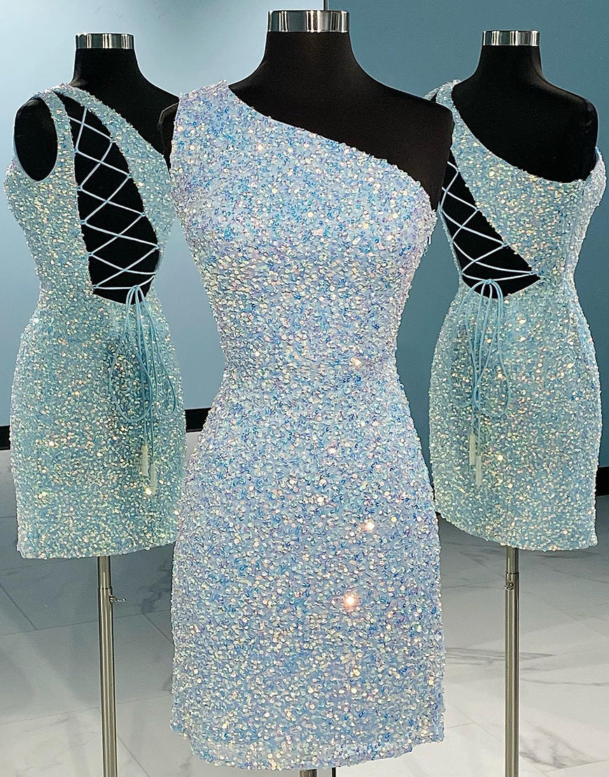 Zelda | Vestido ajustado de un solo hombro azul cielo para la fiesta de bienvenida