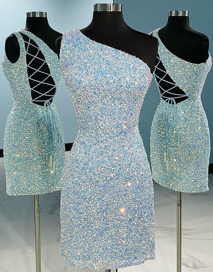 Zelda | Vestido ajustado de un solo hombro azul cielo para la fiesta de bienvenida