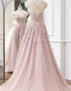 Frances | A-Linien-Ballkleid aus Tüll mit Spaghettiträgern und Applikationen