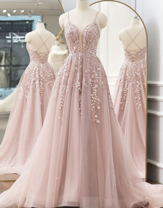 Frances | A-Linien-Ballkleid aus Tüll mit Spaghettiträgern und Applikationen