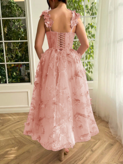 Leah | Vestido de fiesta midi de tul Aline con mariposas 3D
