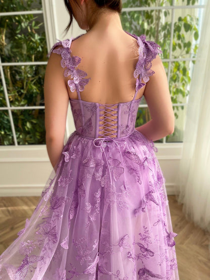 Leah | Vestido de fiesta midi de tul Aline con mariposas 3D