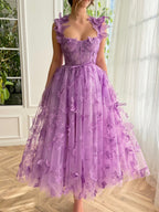 Leah | Aline Tüll Midi-Ballkleid mit 3D-Schmetterlingen