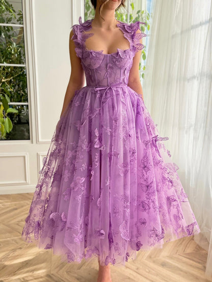 Leah | Vestido de fiesta midi de tul Aline con mariposas 3D