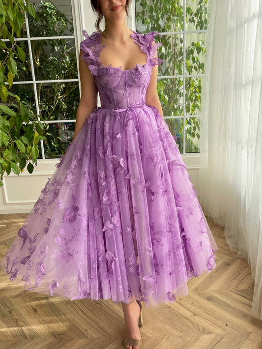 Leah | Vestido de fiesta midi de tul Aline con mariposas 3D