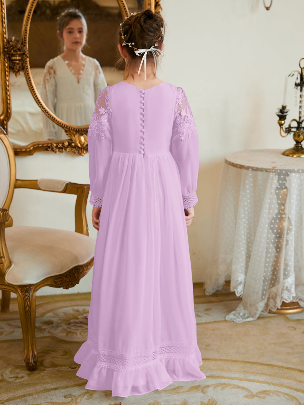 Bodenlanges Chiffon-Kleid in A-Linie und Elfenbein für die Erstkommunion 