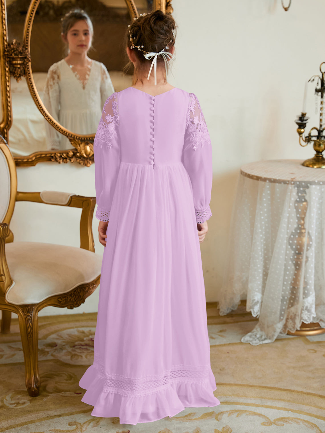 Bodenlanges Chiffon-Kleid in A-Linie und Elfenbein für die Erstkommunion 
