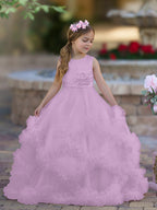 Vestido de niña de las flores de tul satinado con corte A y volantes en cascada hasta el suelo