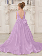 A-Linie Prinzessin Ärmelloses Satin Blumenmädchenkleid mit Schleppe und Schleife 