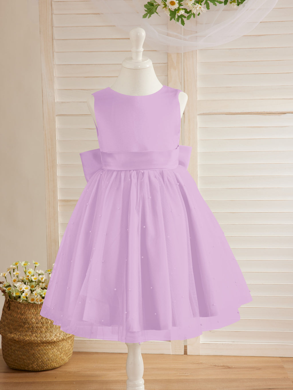 Vestido de niña de las flores de satén, tul y hasta la rodilla, estilo princesa