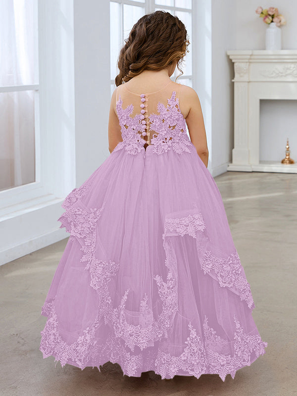 Ärmelloses Prinzessinnen-Tüllkleid mit Spitzenapplikationen und Schleppe für Mädchen